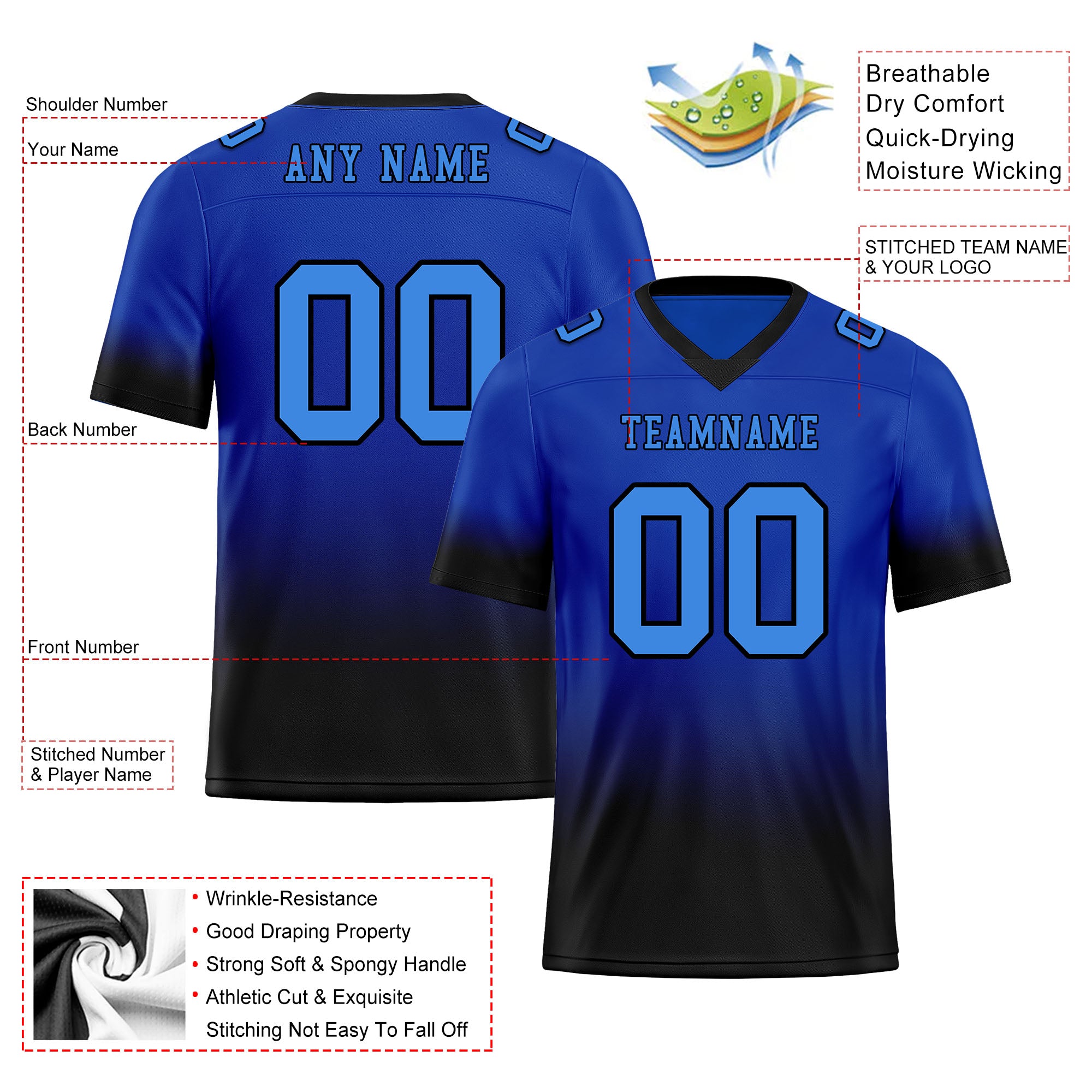 Custom Black Blue Fade Fashion Personalized Authentic Football Jersey FBJ02-D06102