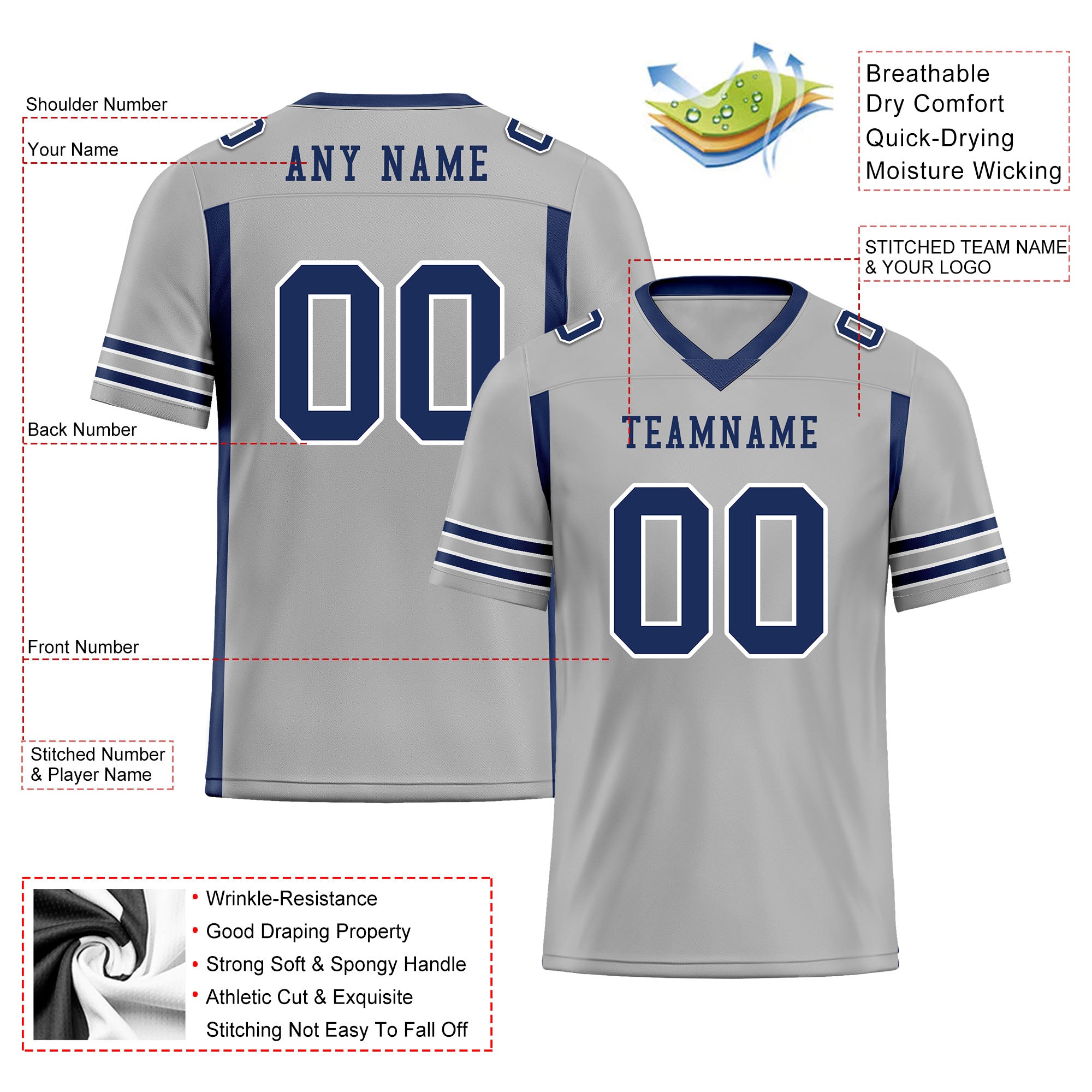 Custom Gray Blue Striped Sleeves Personalized Authentic Football Jersey FBJ02-D06046