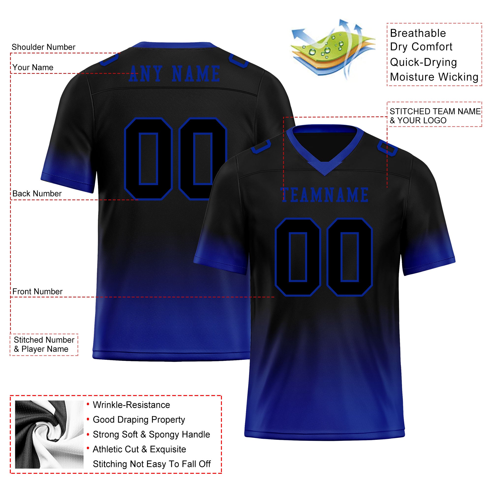 Custom Black Blue Fade Fashion Personalized Authentic Football Jersey FBJ02-D06085