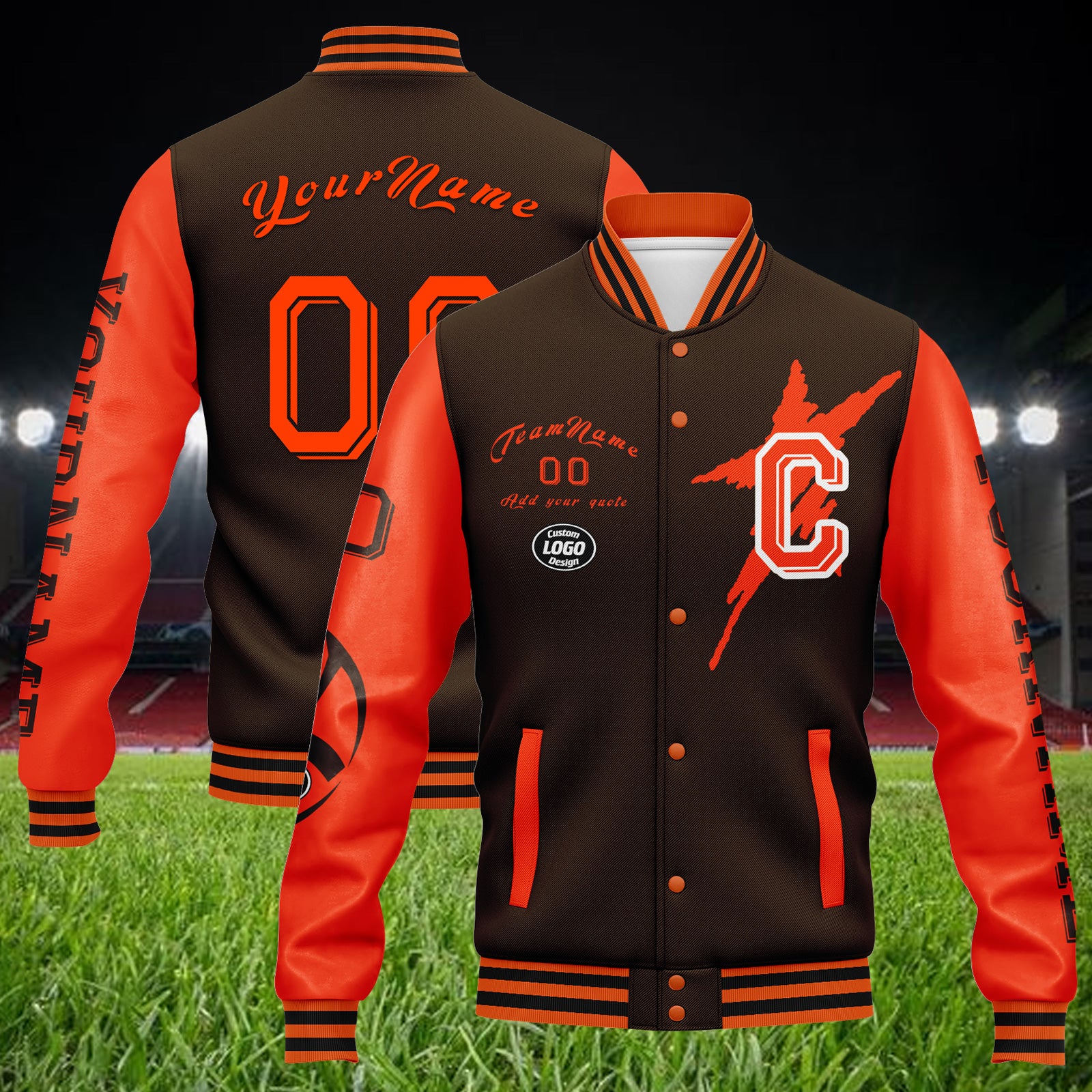 Custom Brown Orange Cleveland Jacket Bomber Full-Snap Varsity Letterman Personalized Jacket FZ005SX-D020290-8