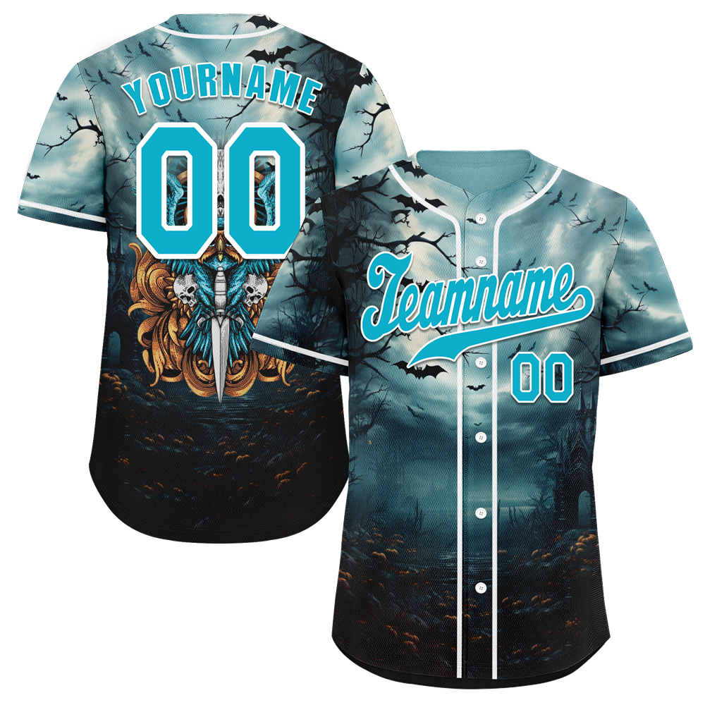 Custom Aqua Black Skull Fashion Aqua Authentic Baseball Jersey BSBJ0a-bc0fb99