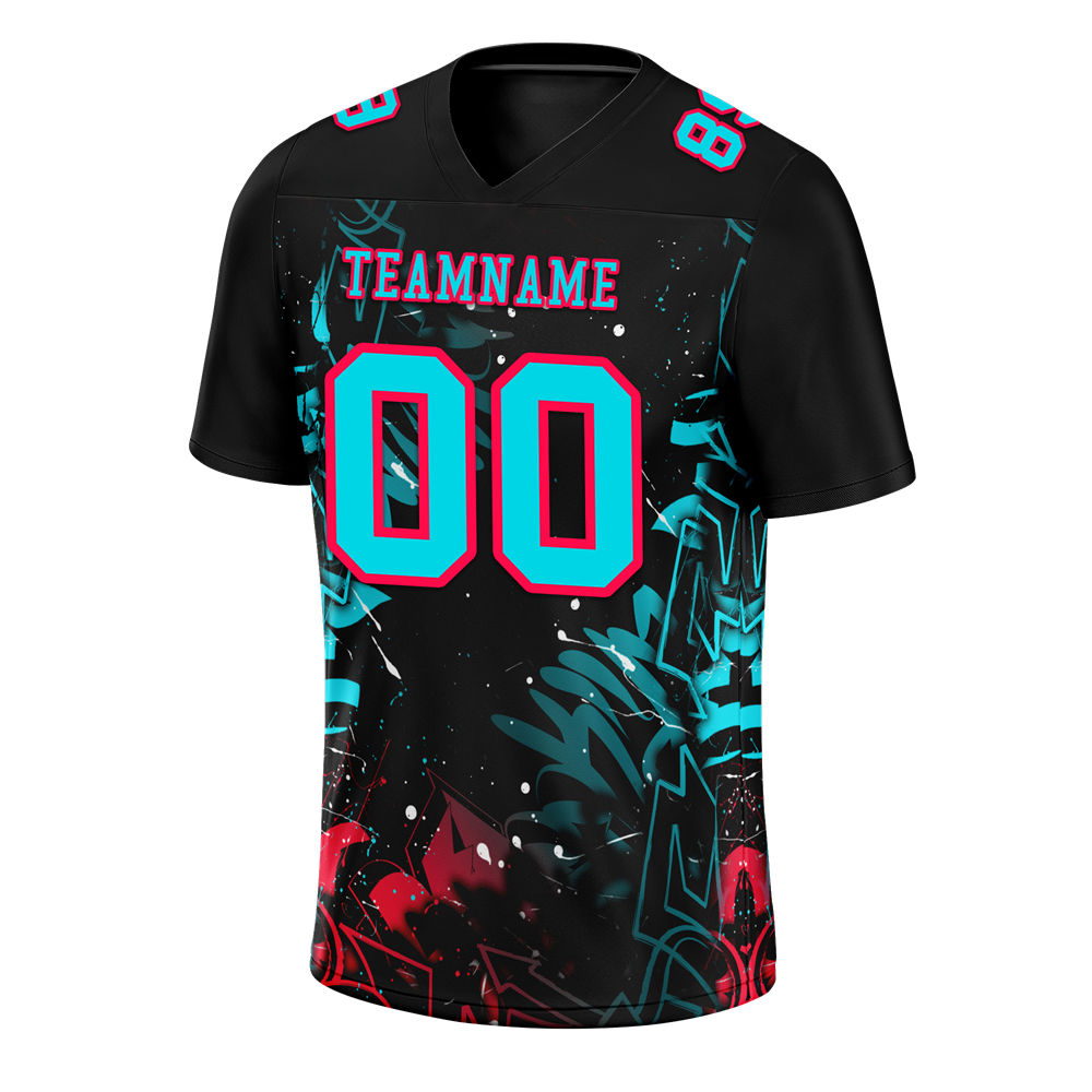 Custom Black Graffiti Pattern Aqua Personalized Authentic Football Jersey FBJ02-bc0face