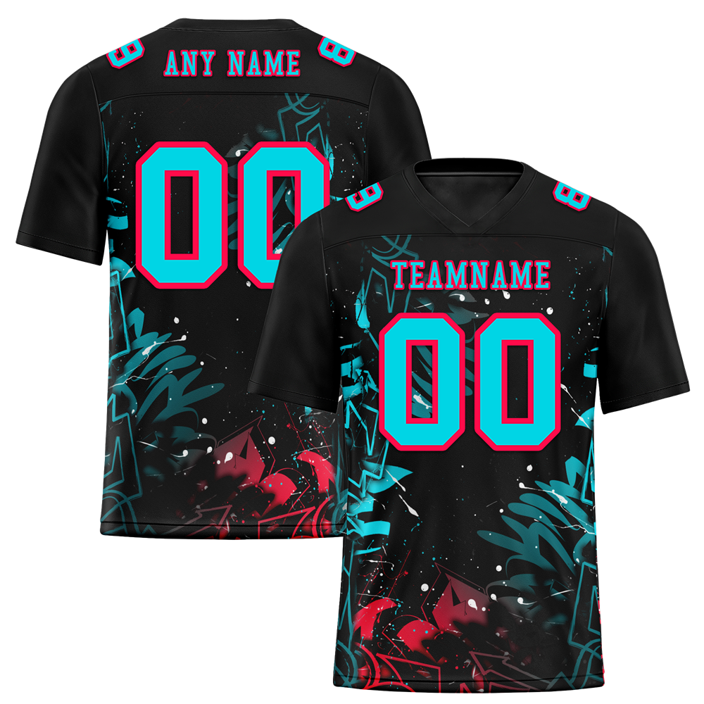 Custom Black Graffiti Pattern Aqua Personalized Authentic Football Jersey FBJ02-bc0face