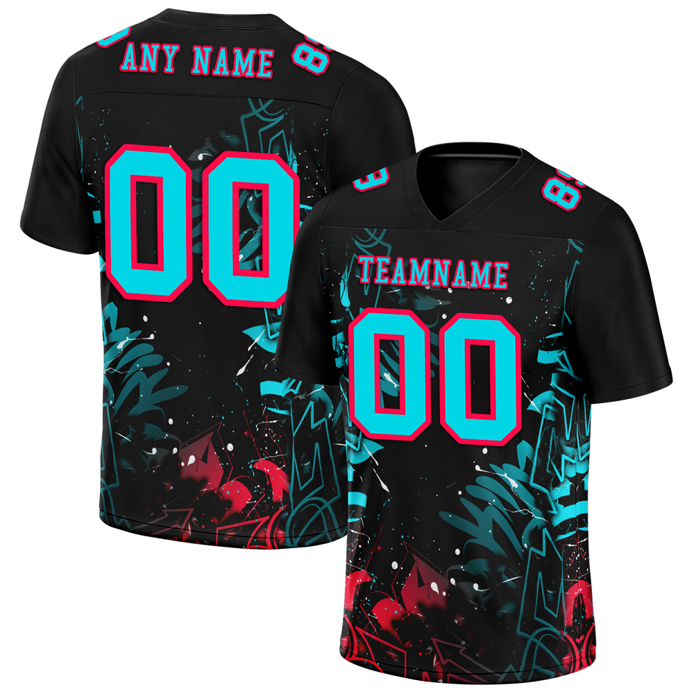 Custom Black Graffiti Pattern Aqua Personalized Authentic Football Jersey FBJ02-bc0face