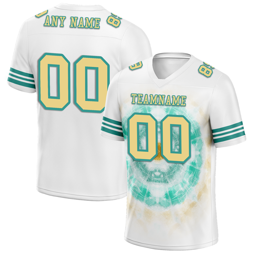 Custom White Aqua Tie Dye Yellow Personalized Authentic Football Jersey FBJ02-bc0fa78