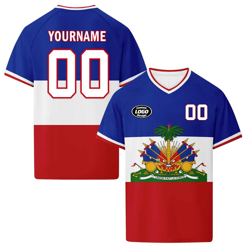 Custom Haiti 2026 World Cup High Quality Soccer Stadium Version Jersey Sneakers Sports Shoes and Hat Combo Offer Personalized Team Name and Logo ZH-F00667-1