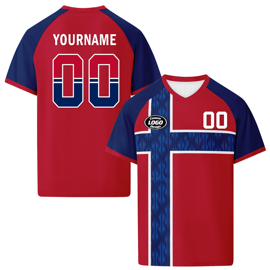 Custom Norway 2026 World Cup High Quality Soccer Stadium Version Jersey Sneakers Sports Shoes and Hat Combo Offer Personalized Team Name and Logo ZH-F00672-1