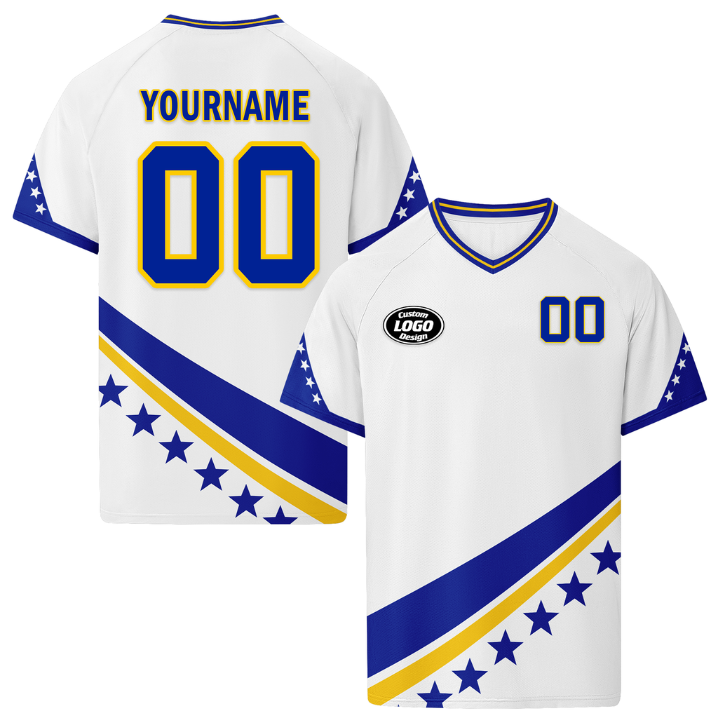 Custom Bosnia and Herzegovina 2026 World Cup High Quality Soccer Stadium Version Jersey Sneakers Sports Shoes and Hat Combo Offer Personalized Team Name and Logo ZH-F006103-1