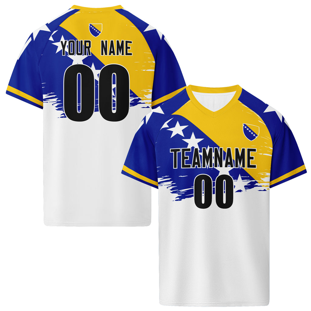 Custom Bosnia and Herzegovina 2026 World Cup High Quality Soccer Stadium Version Jersey Sneakers Sports Shoes and Hat Combo Offer Personalized Team Name and Logo ZH-F007062-002