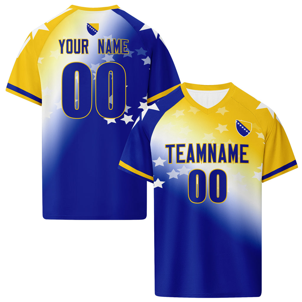 Custom Bosnia and Herzegovina 2026 World Cup High Quality Soccer Stadium Version Jersey Sneakers Sports Shoes and Hat Combo Offer Personalized Team Name and Logo ZH-F007062-005