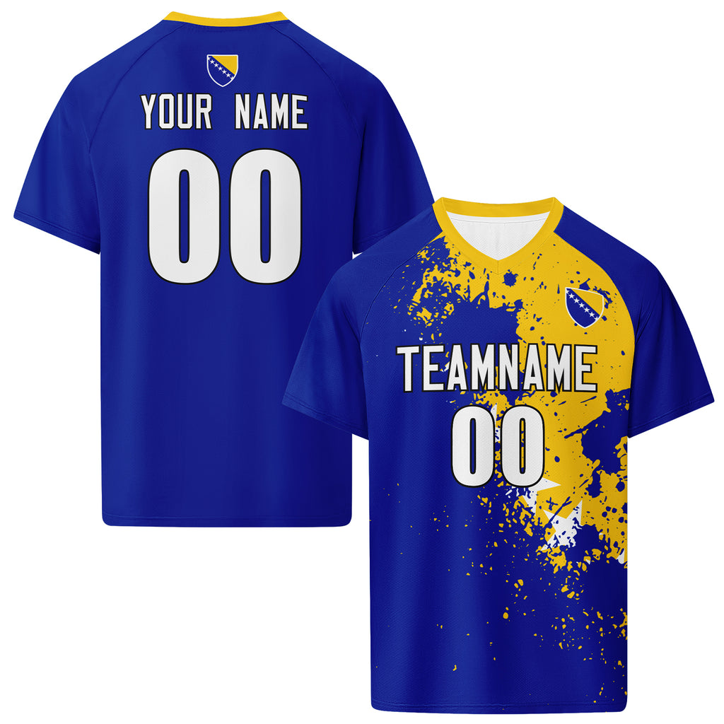 Custom Bosnia and Herzegovina 2026 World Cup High Quality Soccer Stadium Version Jersey Sneakers Sports Shoes and Hat Combo Offer Personalized Team Name and Logo ZH-F007062-008