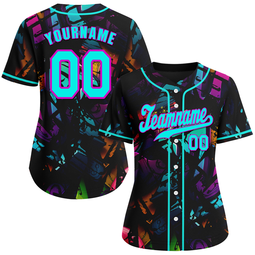 Custom Colorful Graffiti Pattern Aqua Authentic Baseball Jersey