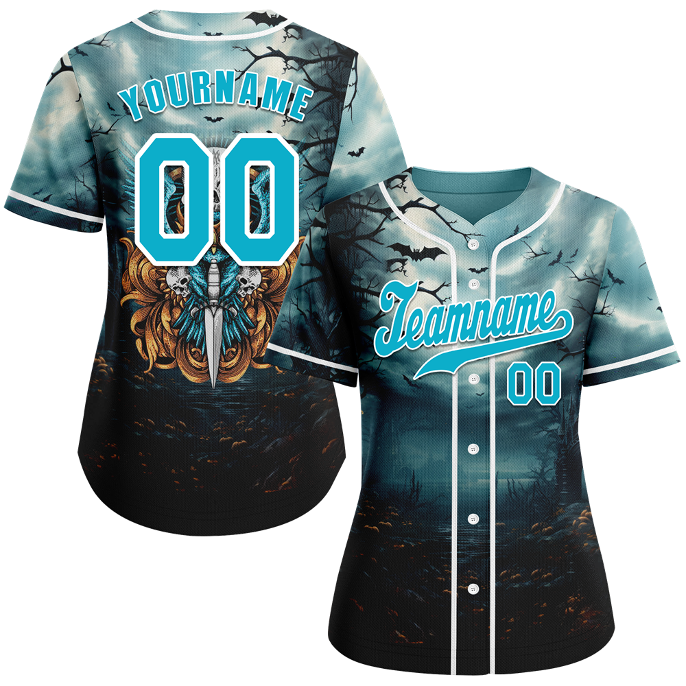 Custom Aqua Black Skull Fashion Aqua Authentic Baseball Jersey BSBJ0a-bc0fb99