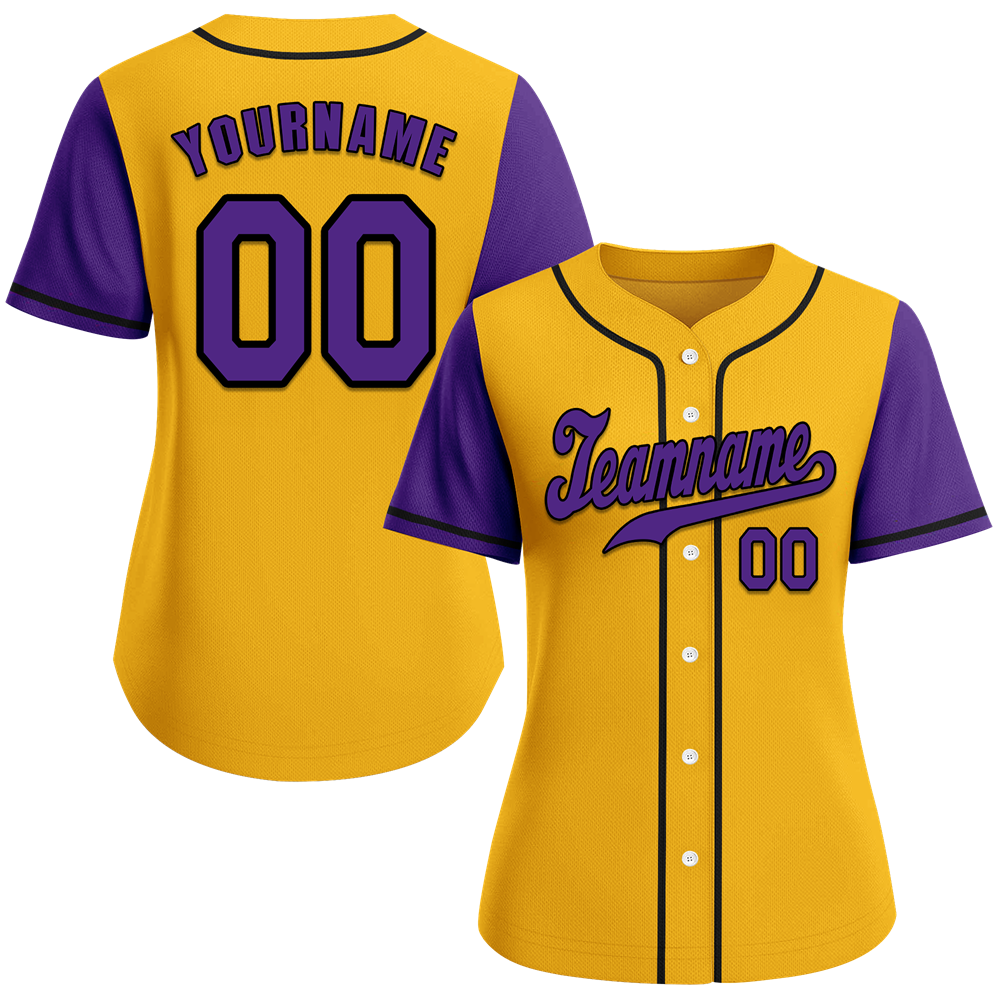 Custom Yellow Purple Raglan Sleeves Purple Authentic Baseball Jersey