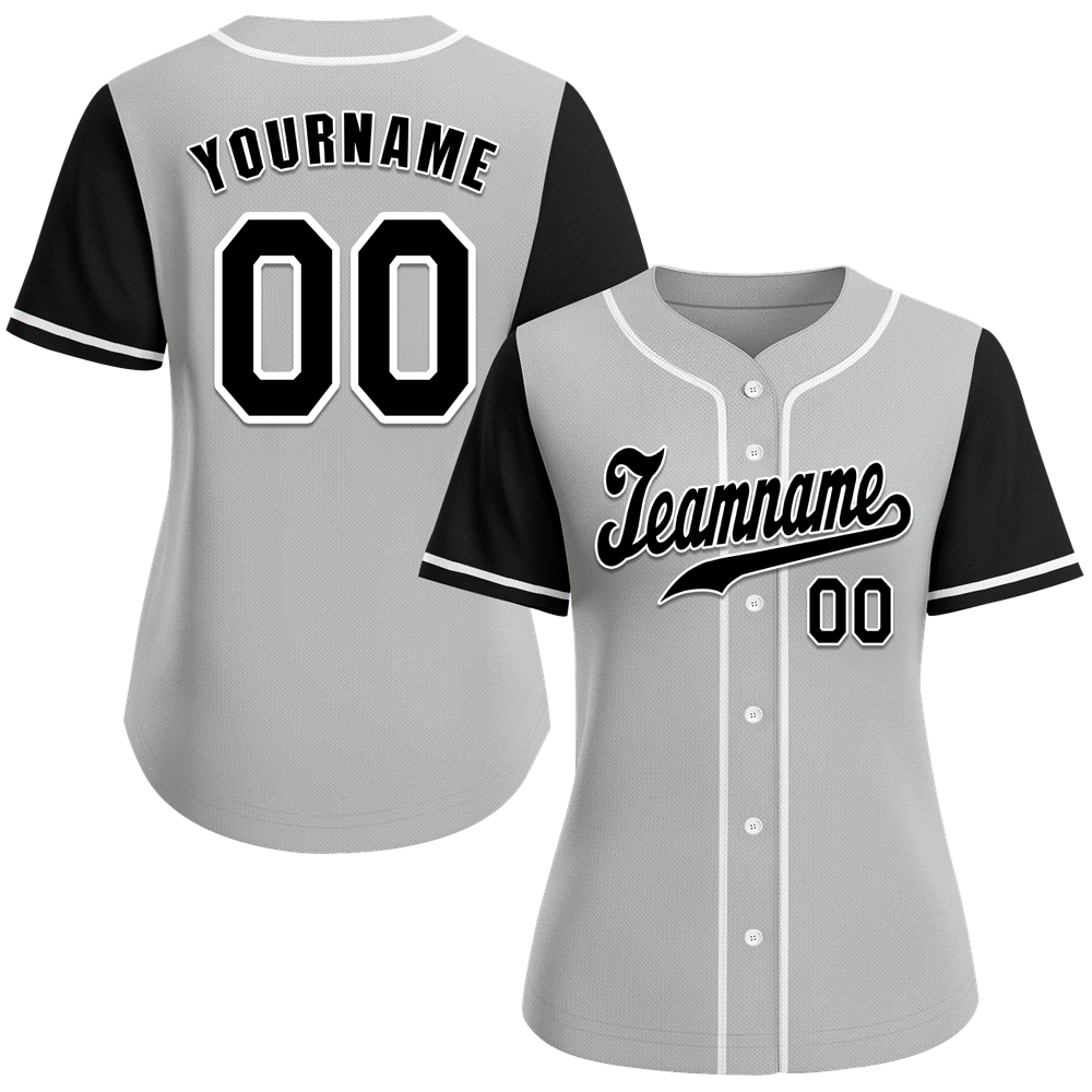 Custom Grey Black Raglan Sleeves Black Authentic Baseball Jersey