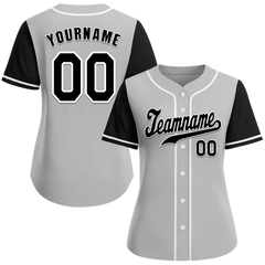 Custom Grey Black Raglan Sleeves Black Authentic Baseball Jersey