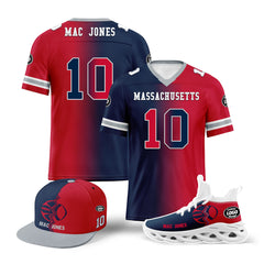 Custom Red Blue Massachusetts Football Jersey MaxSoul Shoes and Hat Combo Offer Personalized Combo ZH-D028018-29