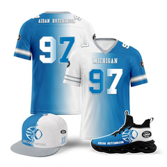 Custom Blue White Michigan Football Jersey MaxSoul Shoes and Hat Combo Offer Personalized Combo ZH-D028018-6