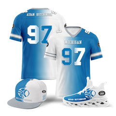 Custom Blue White Michigan Football Jersey MaxSoul Shoes and Hat Combo Offer Personalized Combo ZH-D028018-6