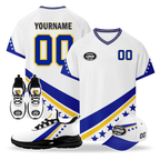 Custom Bosnia and Herzegovina 2026 World Cup High Quality Soccer Stadium Version Jersey Sneakers Sports Shoes and Hat Combo Offer Personalized Team Name and Logo ZH-F006103-1