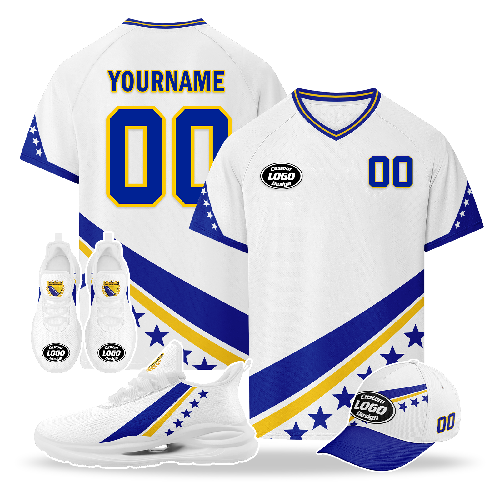 Custom Bosnia and Herzegovina 2026 World Cup High Quality Soccer Stadium Version Jersey Sneakers Sports Shoes and Hat Combo Offer Personalized Team Name and Logo ZH-F006103-1