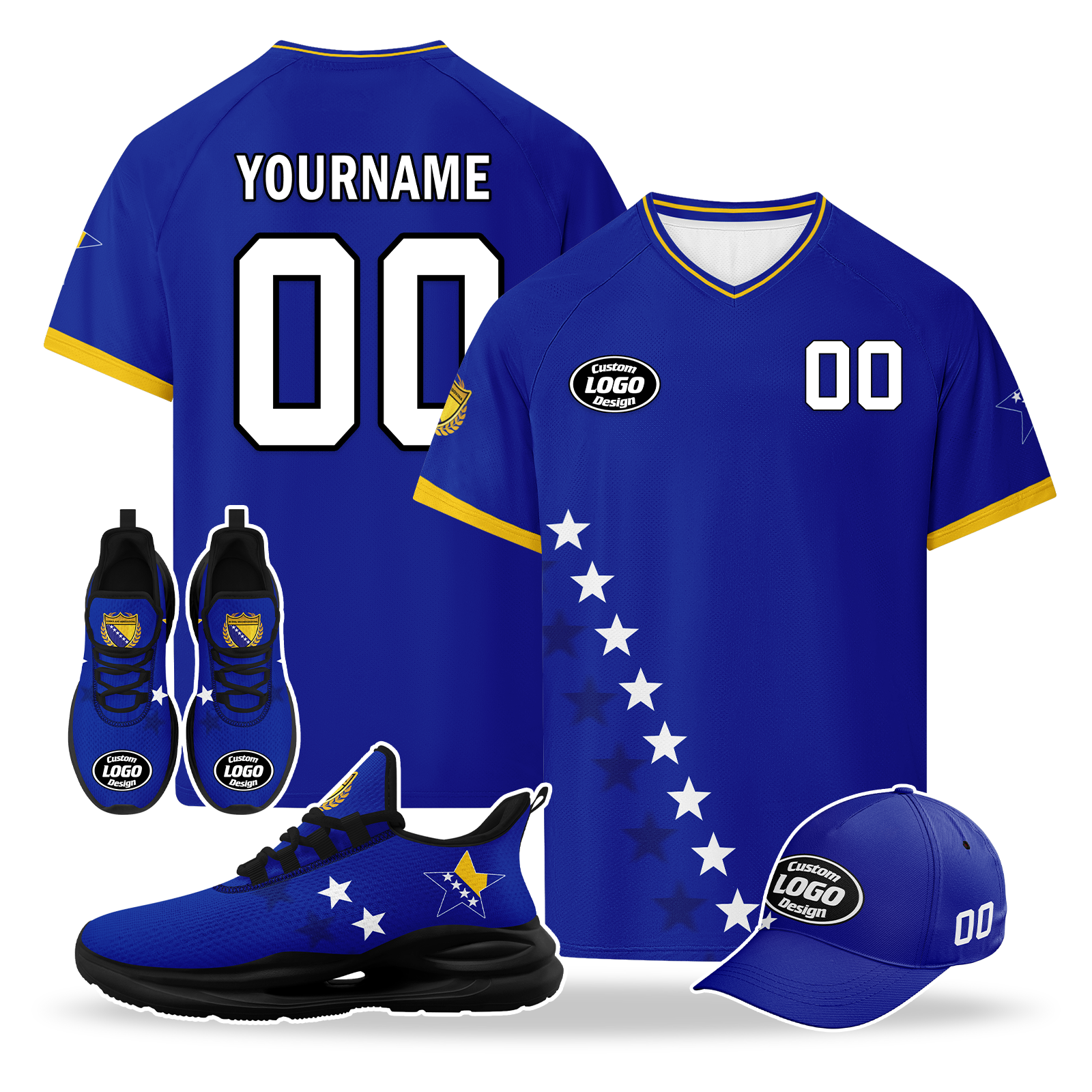 Custom Bosnia and Herzegovina 2026 World Cup High Quality Soccer Stadium Version Jersey Sneakers Sports Shoes and Hat Combo Offer Personalized Team Name and Logo ZH-F006103-2