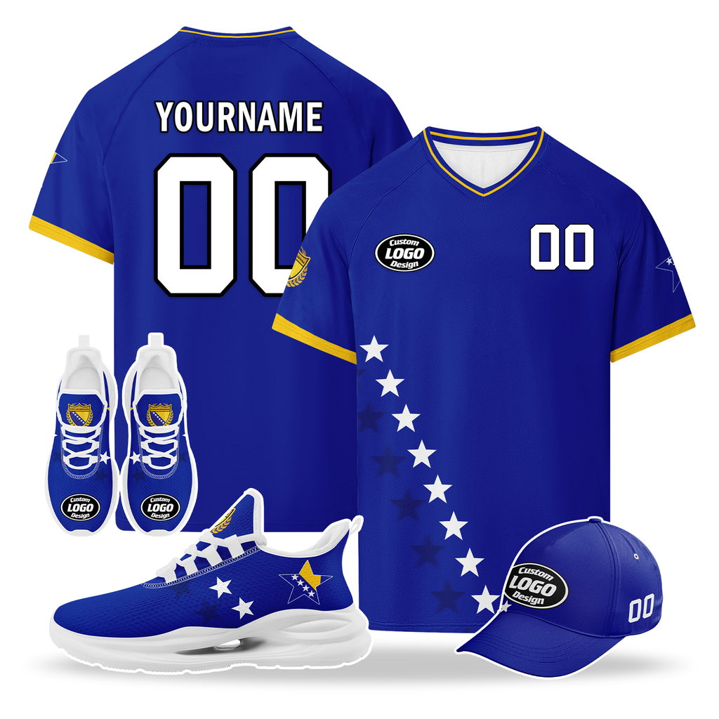 Custom Bosnia and Herzegovina 2026 World Cup High Quality Soccer Stadium Version Jersey Sneakers Sports Shoes and Hat Combo Offer Personalized Team Name and Logo ZH-F006103-2