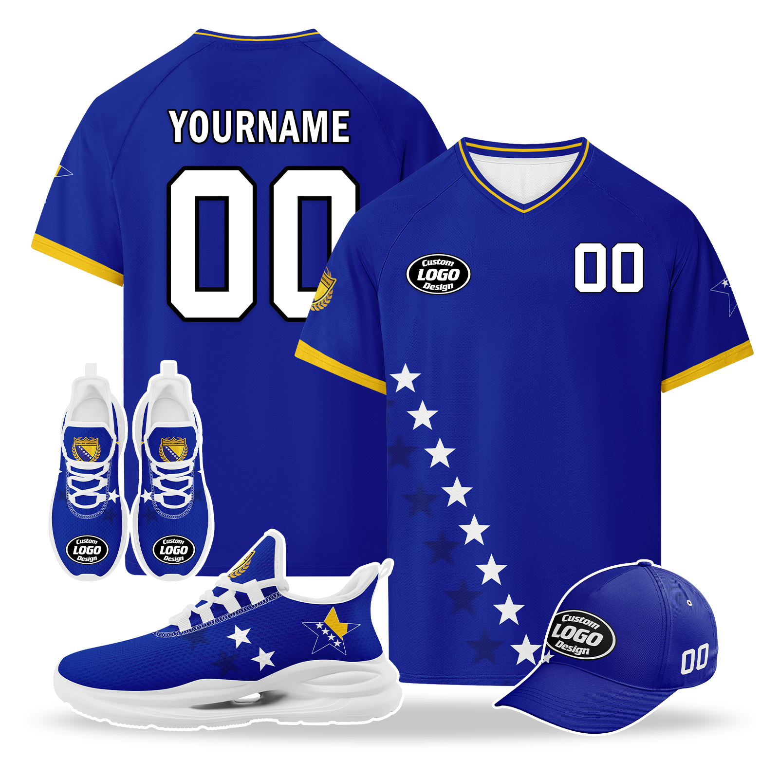 Custom Bosnia and Herzegovina 2026 World Cup High Quality Soccer Stadium Version Jersey Sneakers Sports Shoes and Hat Combo Offer Personalized Team Name and Logo ZH-F006103-2
