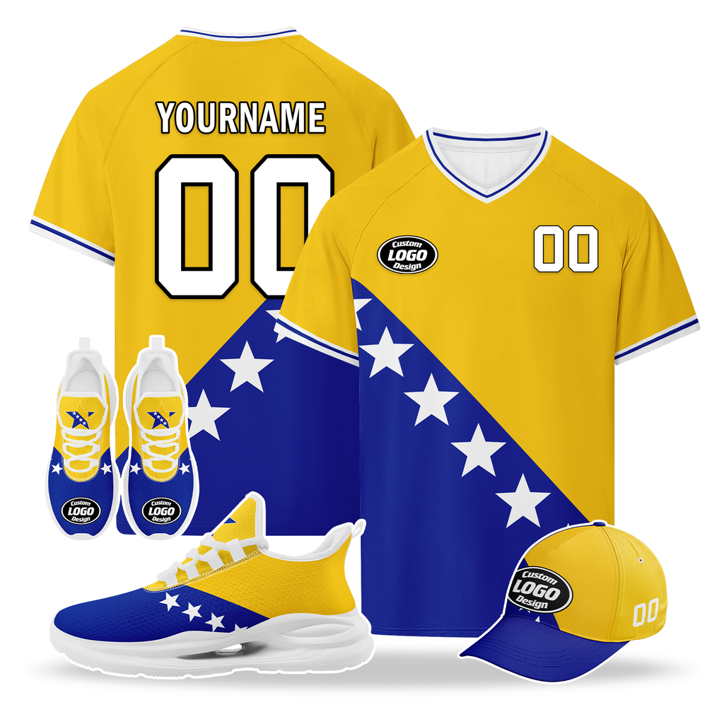 Custom Bosnia and Herzegovina 2026 World Cup High Quality Soccer Stadium Version Jersey Sneakers Sports Shoes and Hat Combo Offer Personalized Team Name and Logo ZH-F006103-3