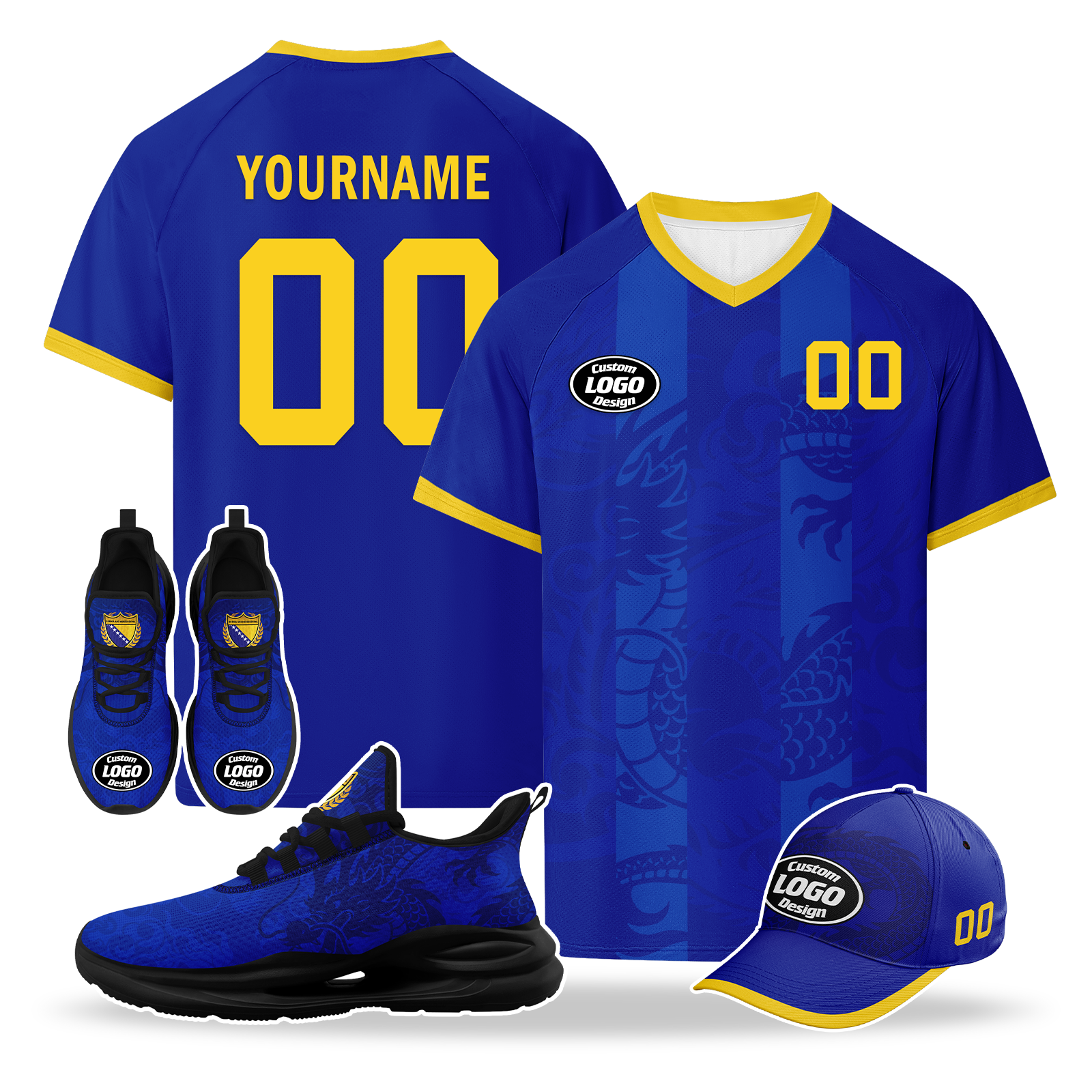 Custom Bosnia and Herzegovina 2026 World Cup High Quality Soccer Stadium Version Jersey Sneakers Sports Shoes and Hat Combo Offer Personalized Team Name and Logo ZH-F006103-4
