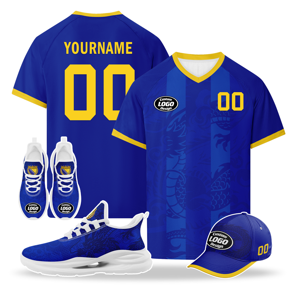 Custom Bosnia and Herzegovina 2026 World Cup High Quality Soccer Stadium Version Jersey Sneakers Sports Shoes and Hat Combo Offer Personalized Team Name and Logo ZH-F006103-4