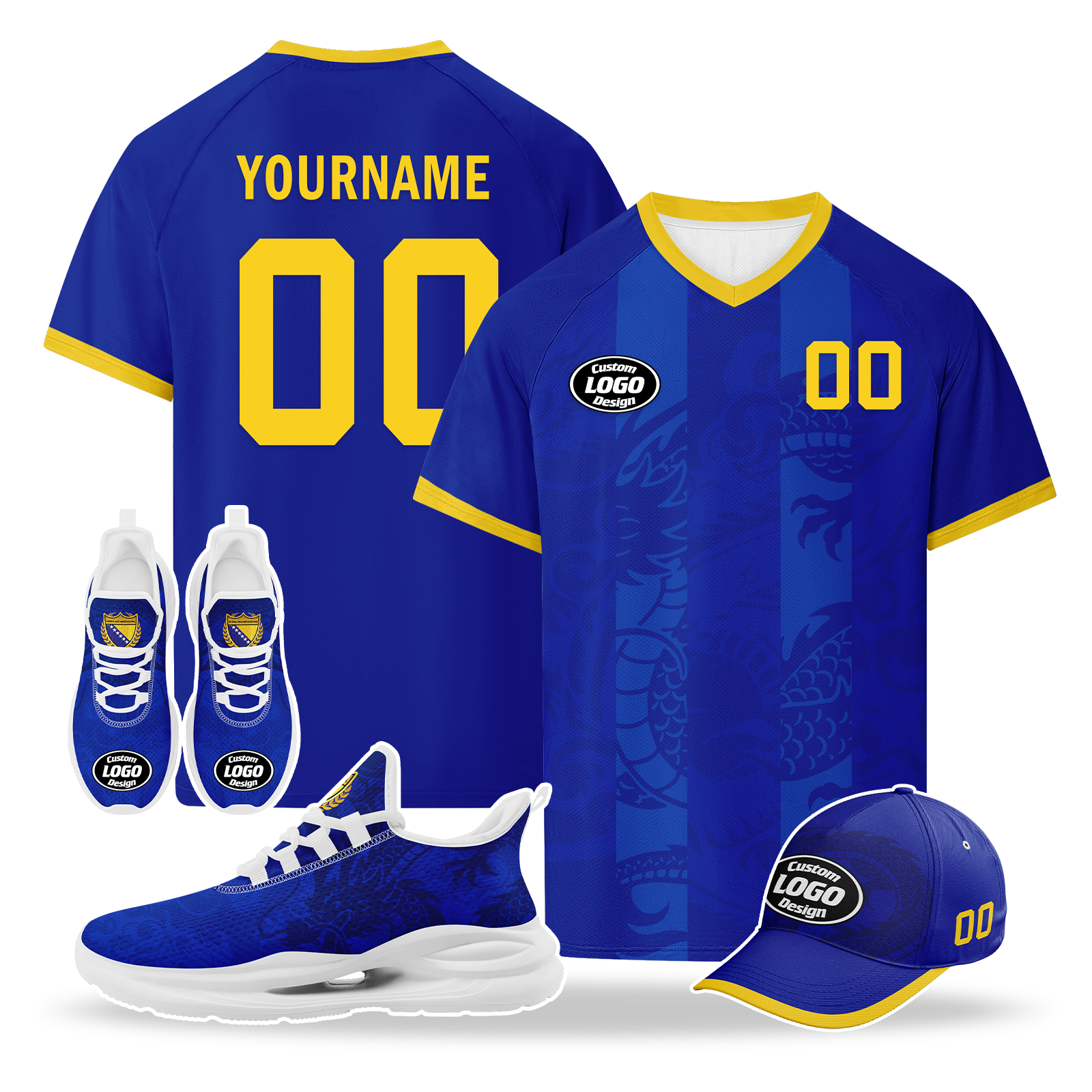 Custom Bosnia and Herzegovina 2026 World Cup High Quality Soccer Stadium Version Jersey Sneakers Sports Shoes and Hat Combo Offer Personalized Team Name and Logo ZH-F006103-4