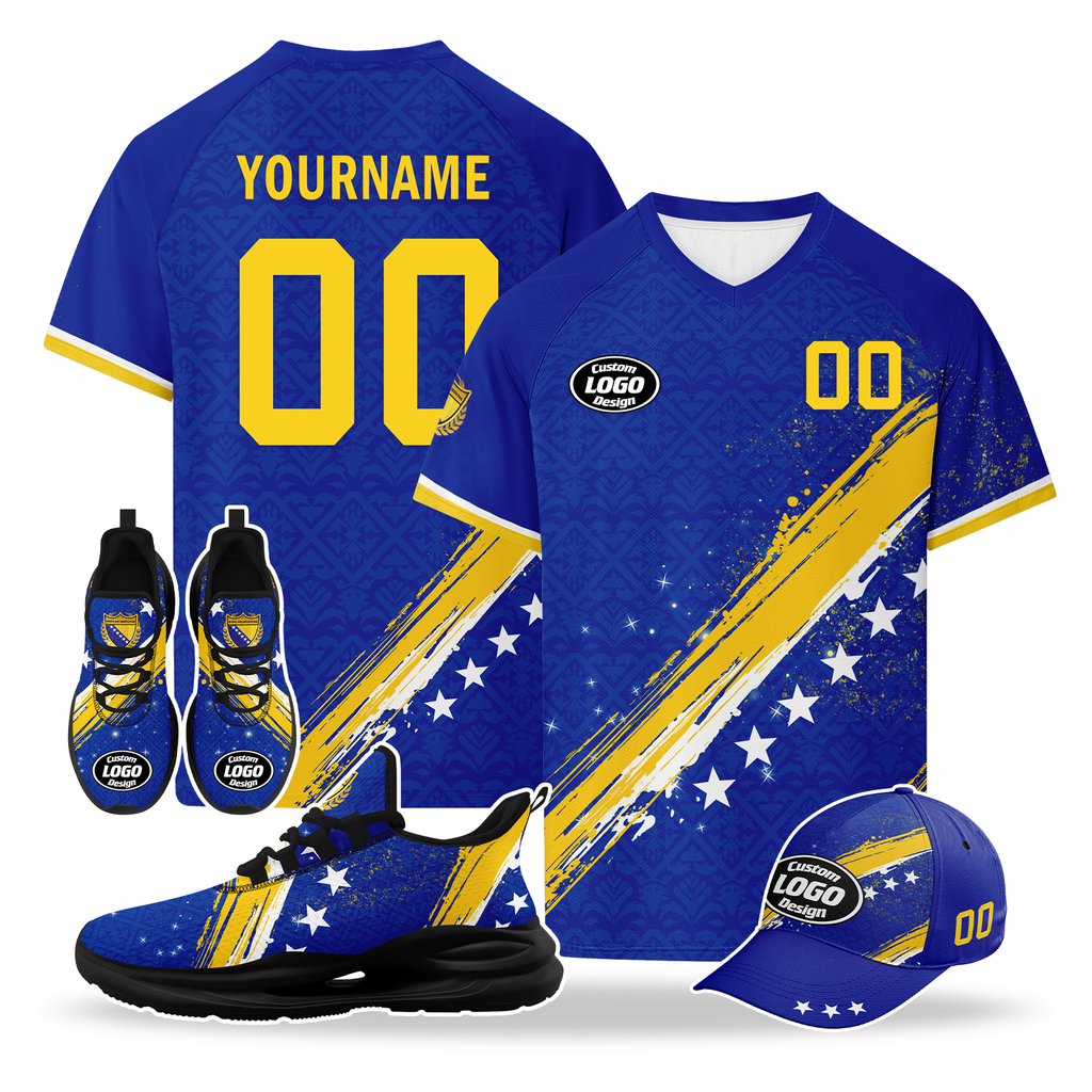 Custom Bosnia and Herzegovina 2026 World Cup High Quality Soccer Stadium Version Jersey Sneakers Sports Shoes and Hat Combo Offer Personalized Team Name and Logo ZH-F006103-5
