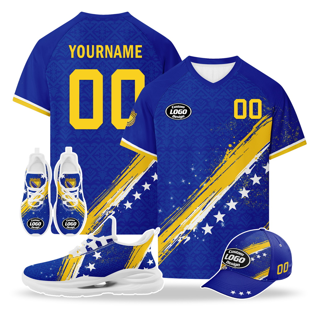 Custom Bosnia and Herzegovina 2026 World Cup High Quality Soccer Stadium Version Jersey Sneakers Sports Shoes and Hat Combo Offer Personalized Team Name and Logo ZH-F006103-5