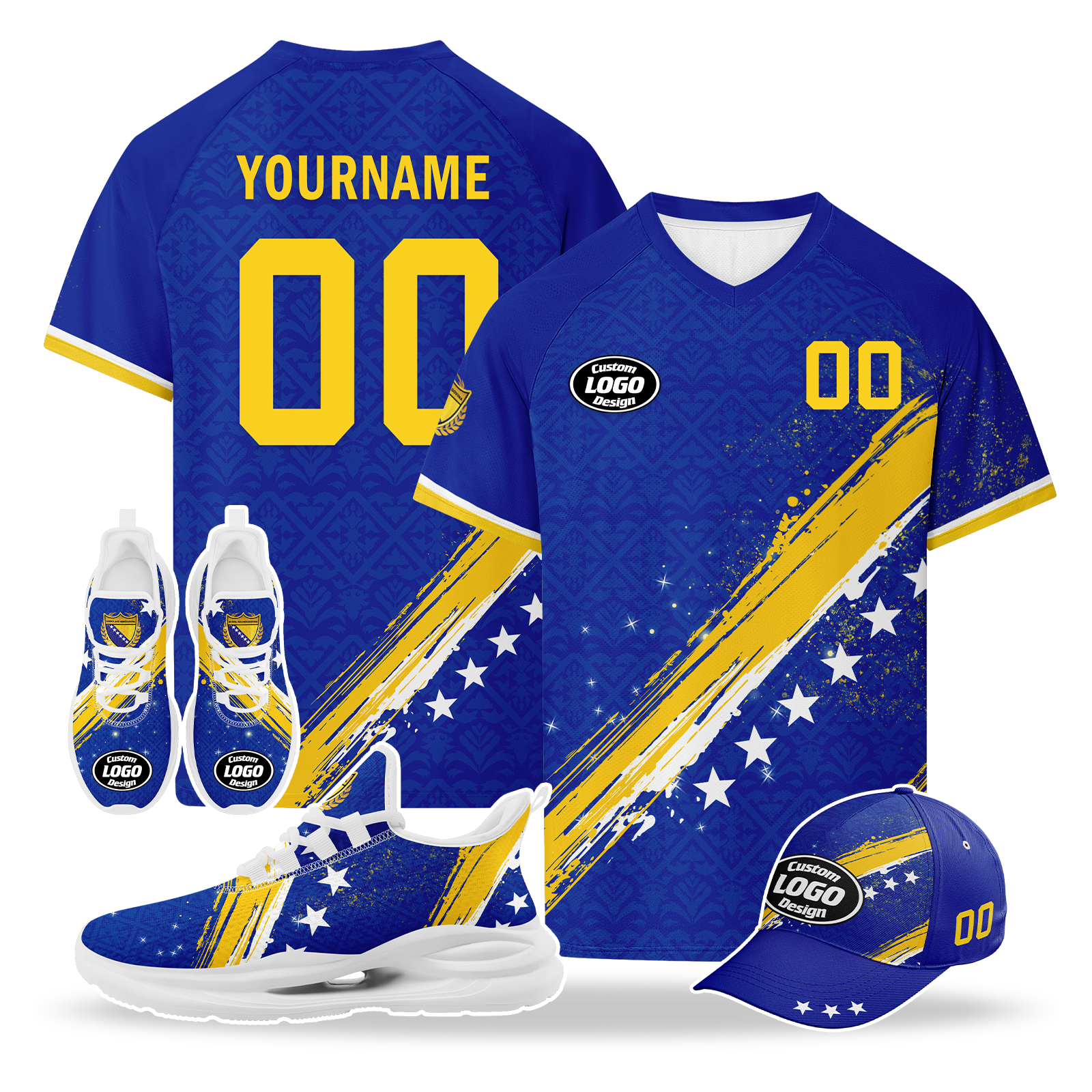 Custom Bosnia and Herzegovina 2026 World Cup High Quality Soccer Stadium Version Jersey Sneakers Sports Shoes and Hat Combo Offer Personalized Team Name and Logo ZH-F006103-5