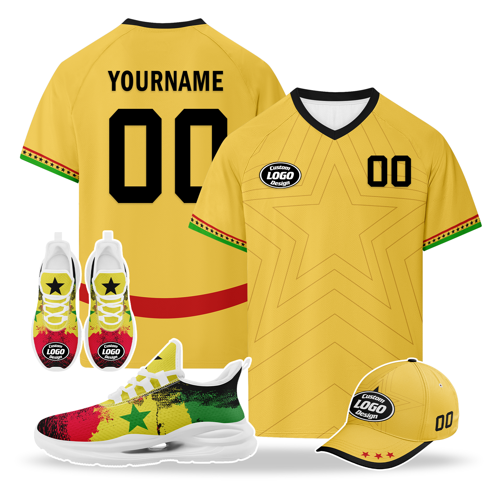 Custom Ghana 2026 World Cup High Quality Soccer Stadium Version Jersey Sneakers Sports Shoes and Hat Combo Offer Personalized Team Name and Logo ZH-F006104-1