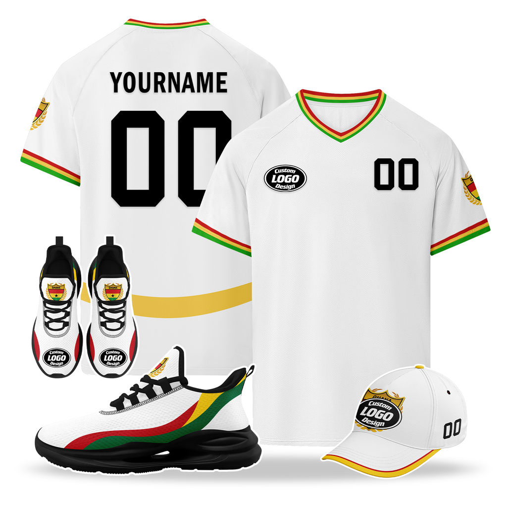 Custom Ghana 2026 World Cup High Quality Soccer Stadium Version Jersey Sneakers Sports Shoes and Hat Combo Offer Personalized Team Name and Logo ZH-F006104-2