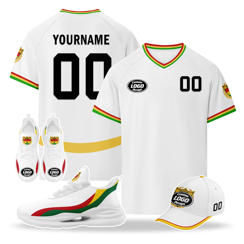 Custom Ghana 2026 World Cup High Quality Soccer Stadium Version Jersey Sneakers Sports Shoes and Hat Combo Offer Personalized Team Name and Logo ZH-F006104-2
