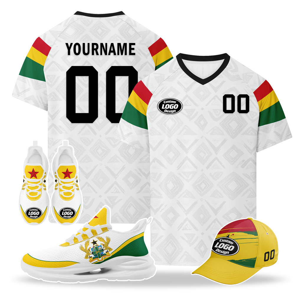 Custom Ghana 2026 World Cup High Quality Soccer Stadium Version Jersey Sneakers Sports Shoes and Hat Combo Offer Personalized Team Name and Logo ZH-F006104-3