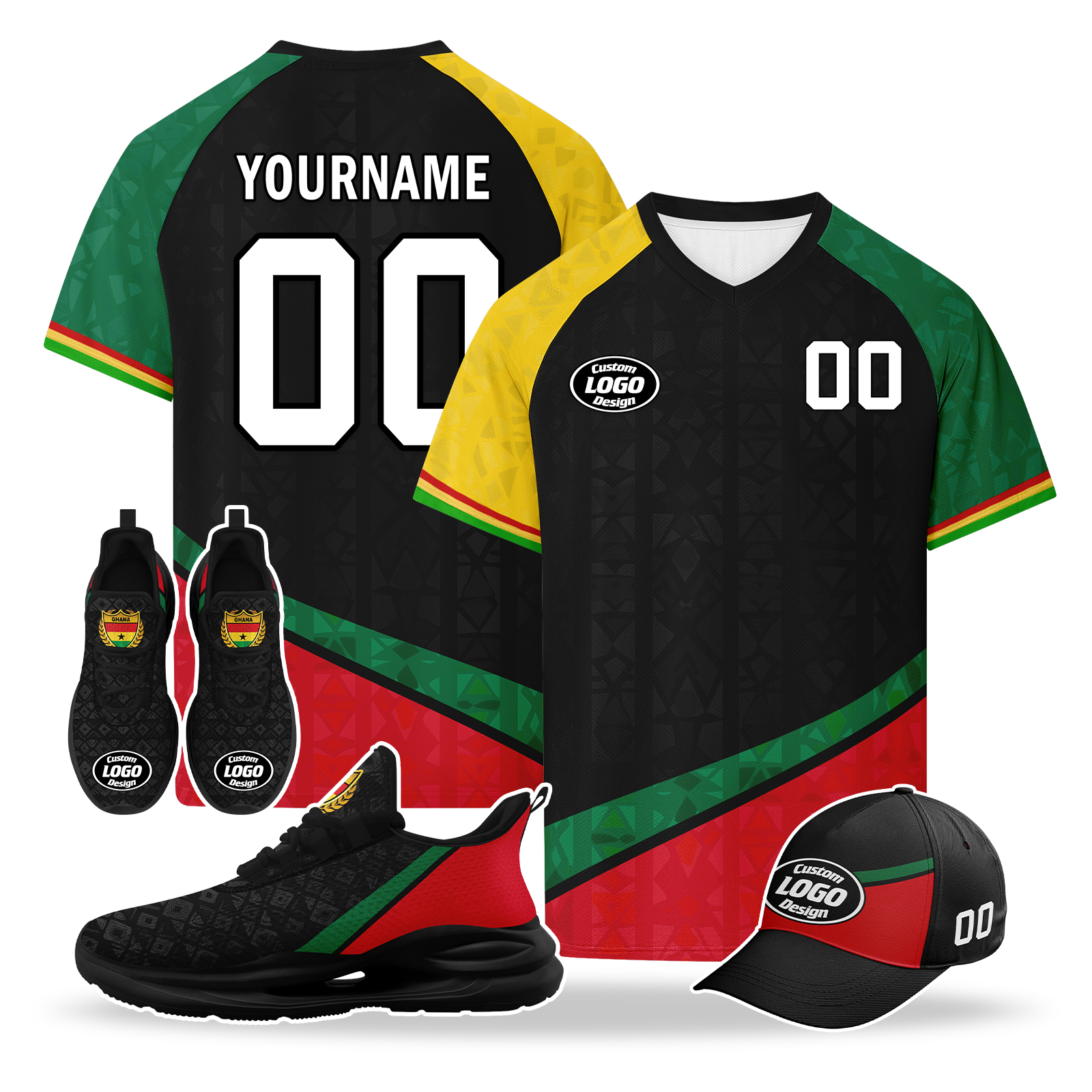 Custom Ghana 2026 World Cup High Quality Soccer Stadium Version Jersey Sneakers Sports Shoes and Hat Combo Offer Personalized Team Name and Logo ZH-F006104-4