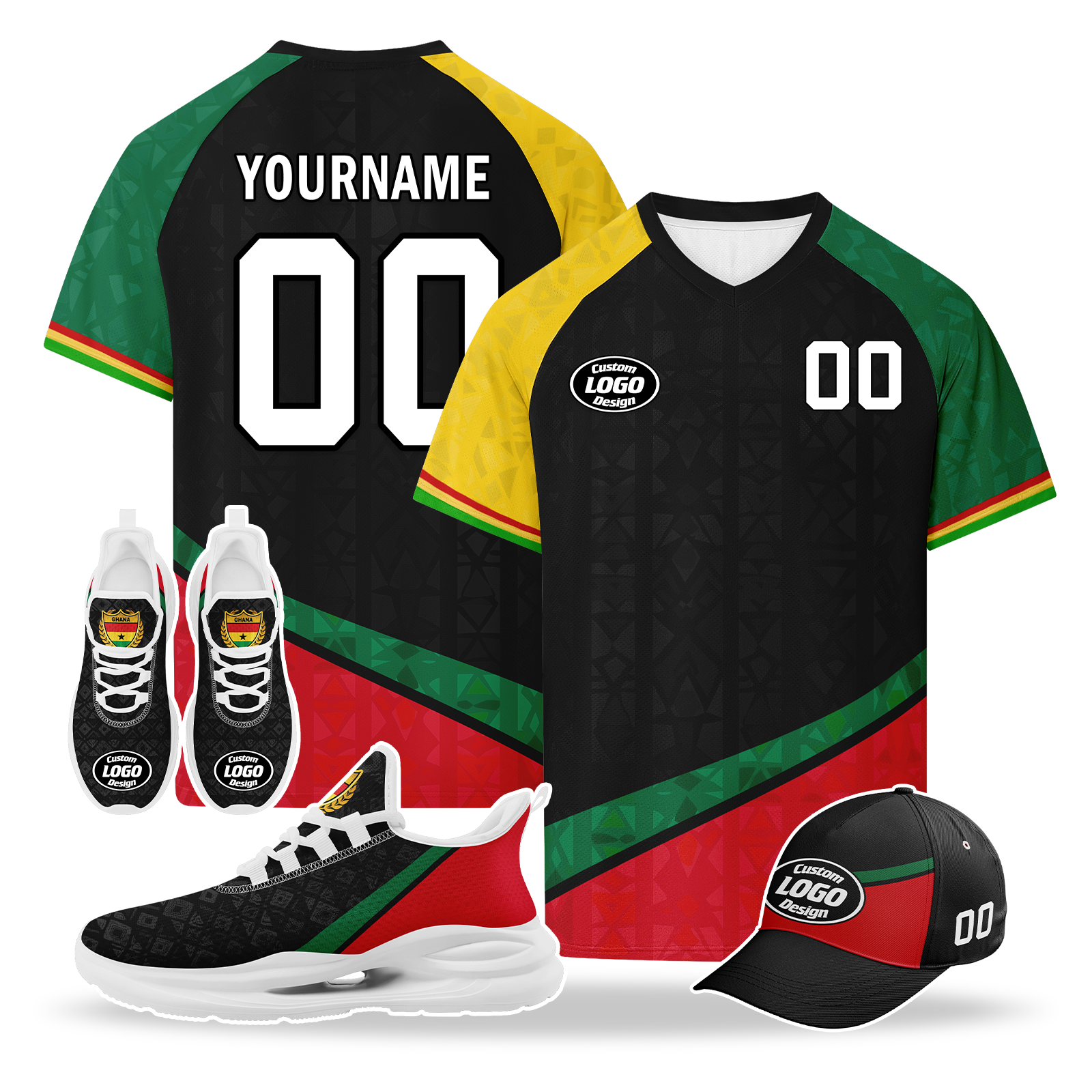 Custom Ghana 2026 World Cup High Quality Soccer Stadium Version Jersey Sneakers Sports Shoes and Hat Combo Offer Personalized Team Name and Logo ZH-F006104-4