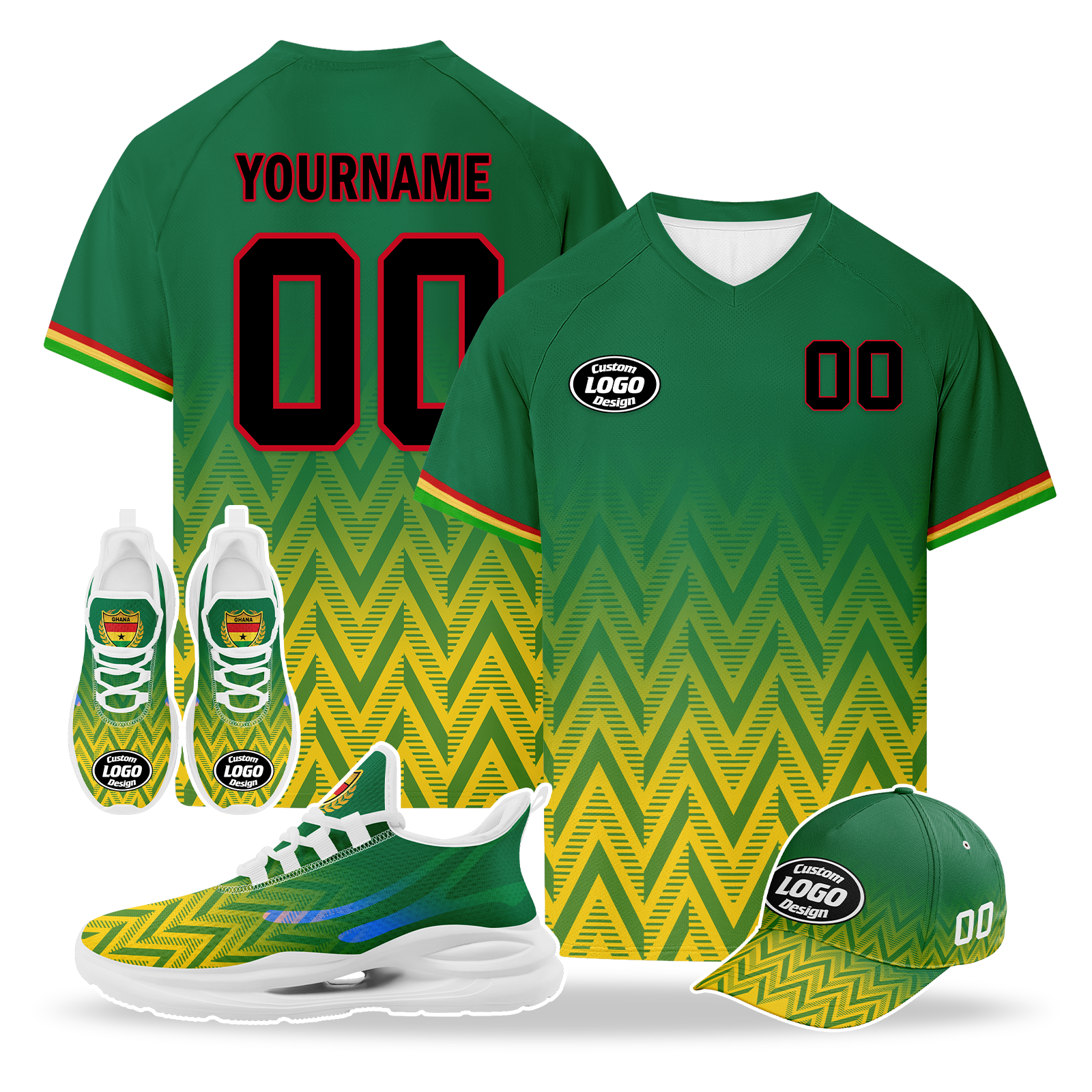 Custom Ghana 2026 World Cup High Quality Soccer Stadium Version Jersey Sneakers Sports Shoes and Hat Combo Offer Personalized Team Name and Logo ZH-F006104-5