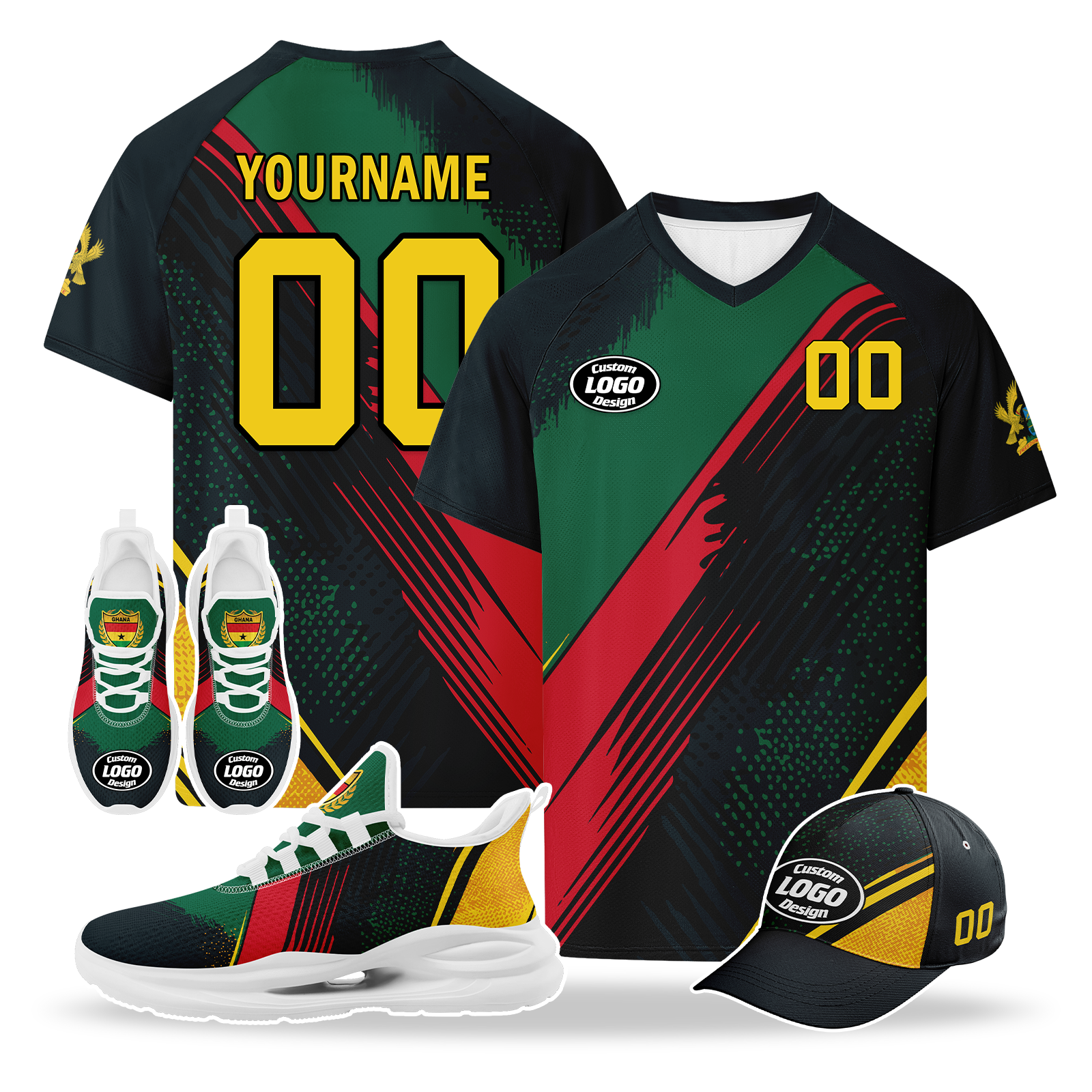 Custom Ghana 2026 World Cup High Quality Soccer Stadium Version Jersey Sneakers Sports Shoes and Hat Combo Offer Personalized Team Name and Logo ZH-F006104-6