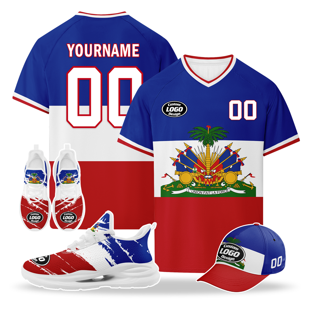 Custom Haiti 2026 World Cup High Quality Soccer Stadium Version Jersey Sneakers Sports Shoes and Hat Combo Offer Personalized Team Name and Logo ZH-F00667-1