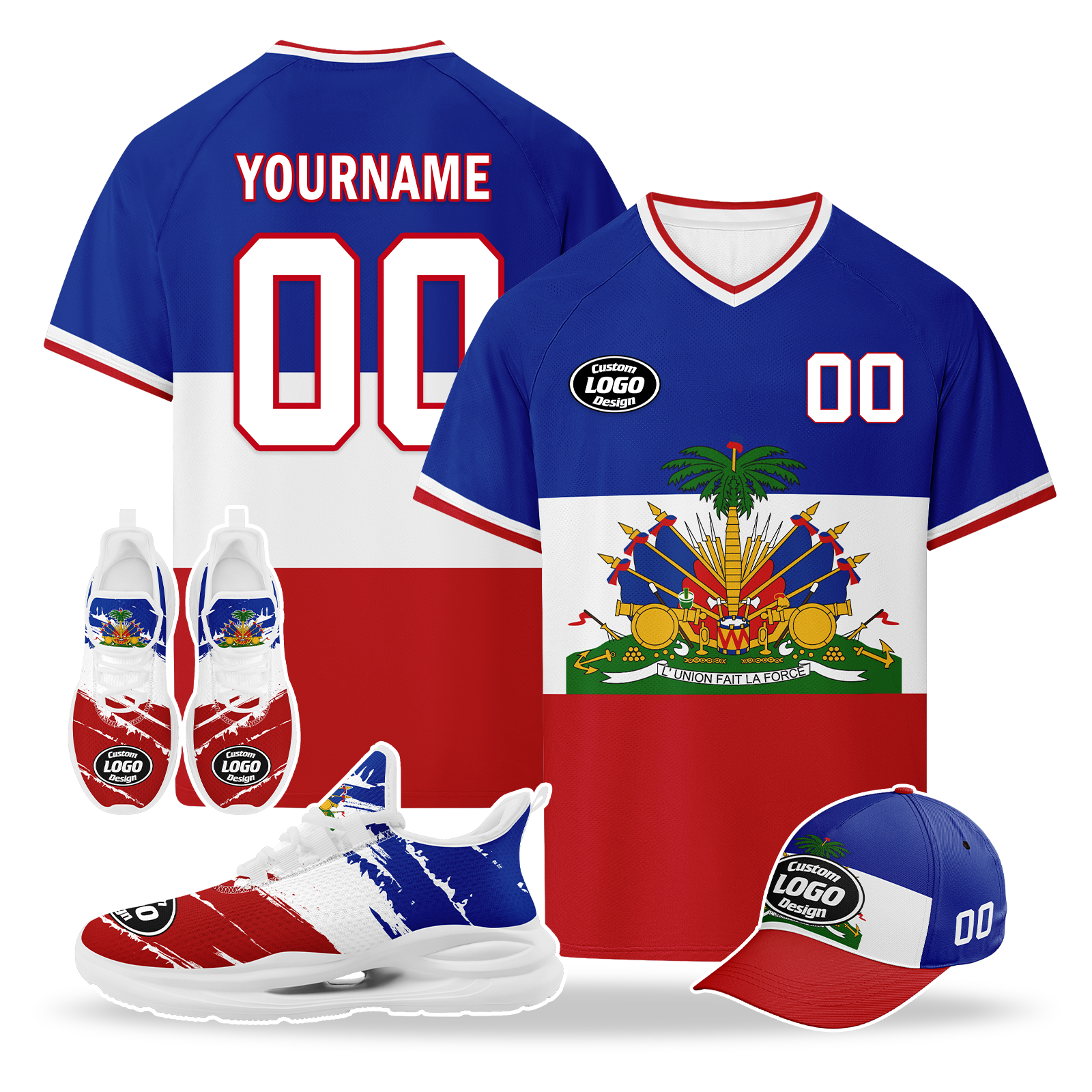 Custom Haiti 2026 World Cup High Quality Soccer Stadium Version Jersey Sneakers Sports Shoes and Hat Combo Offer Personalized Team Name and Logo ZH-F00667-1