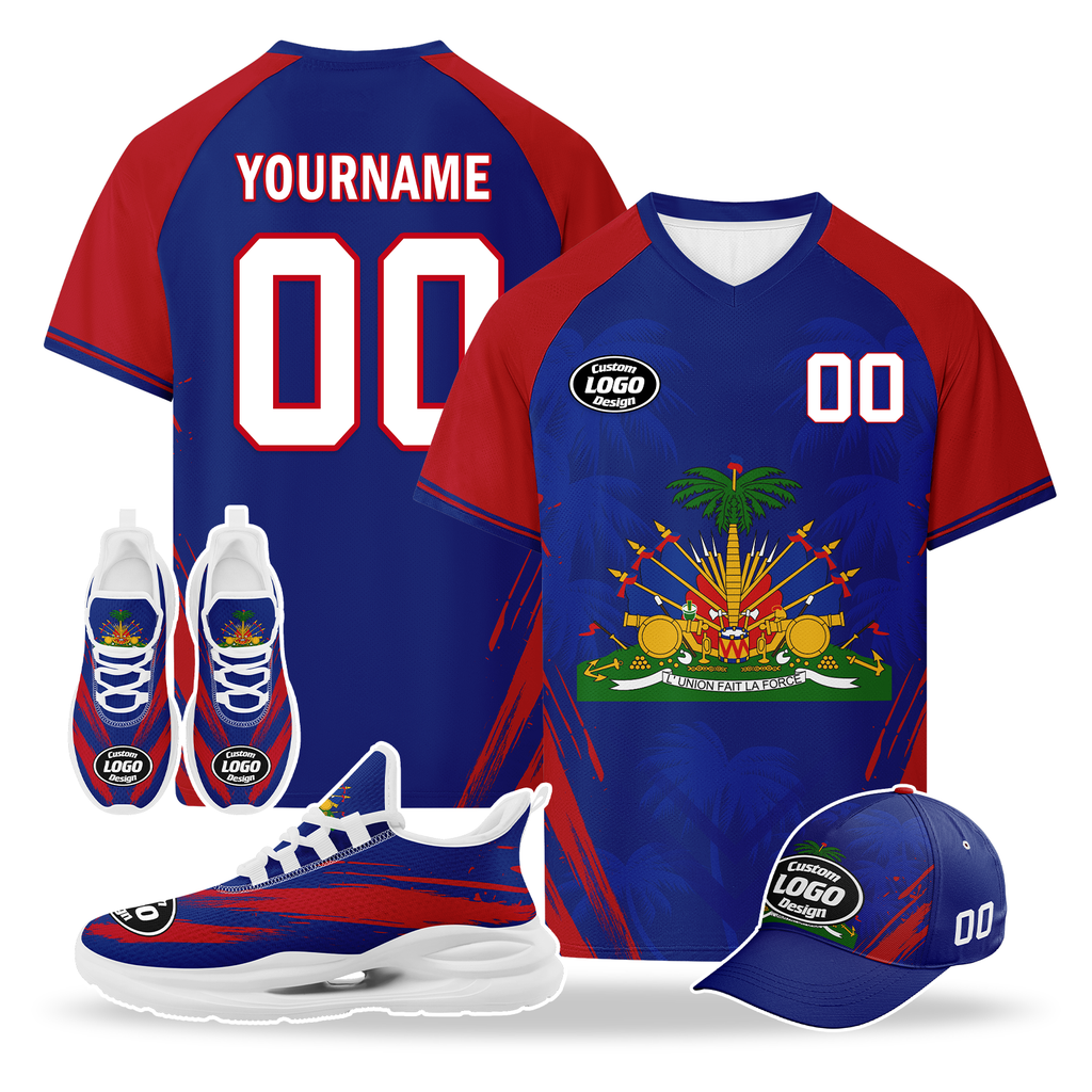 Custom Haiti 2026 World Cup High Quality Soccer Stadium Version Jersey Sneakers Sports Shoes and Hat Combo Offer Personalized Team Name and Logo ZH-F00667-2