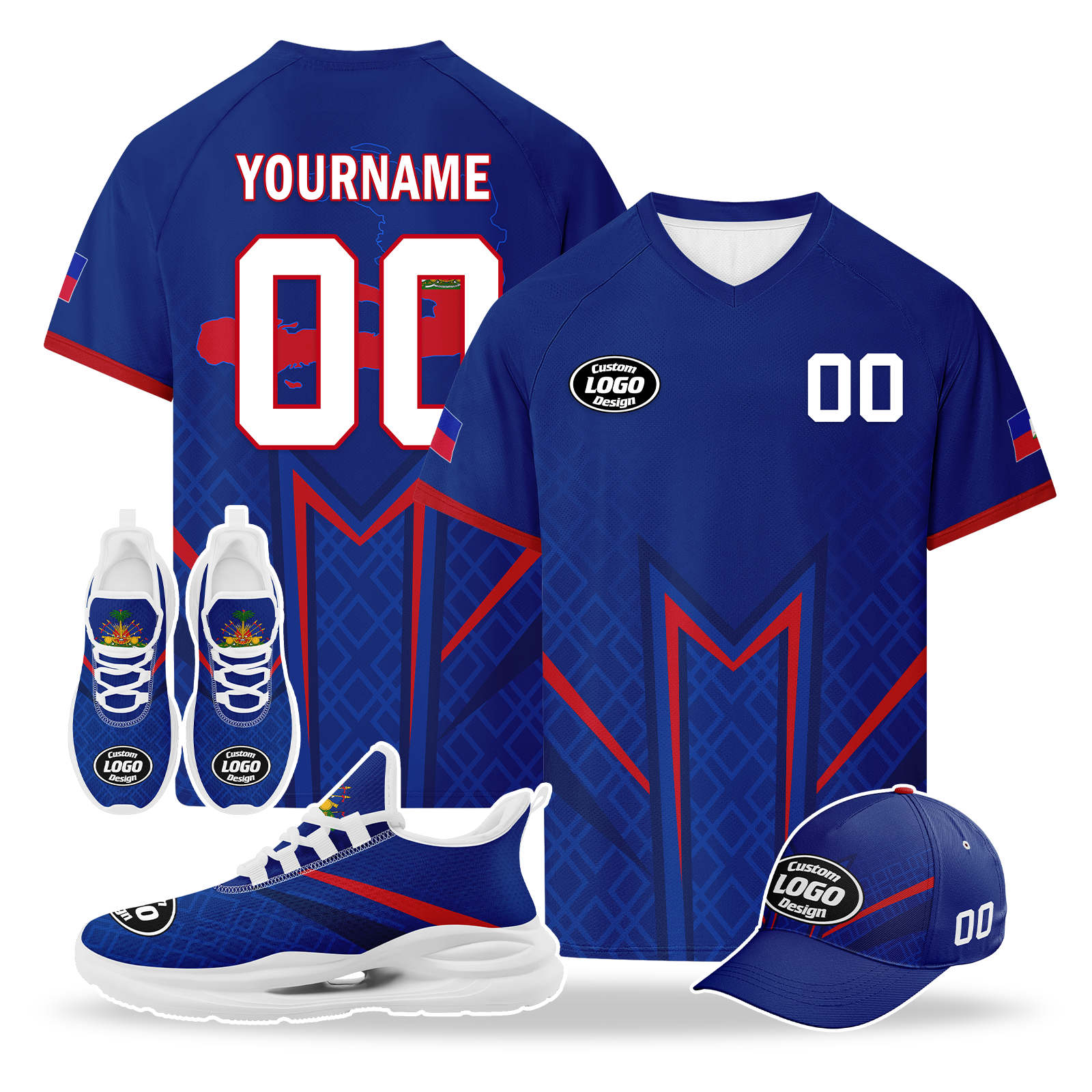 Custom Haiti 2026 World Cup High Quality Soccer Stadium Version Jersey Sneakers Sports Shoes and Hat Combo Offer Personalized Team Name and Logo ZH-F00667-3