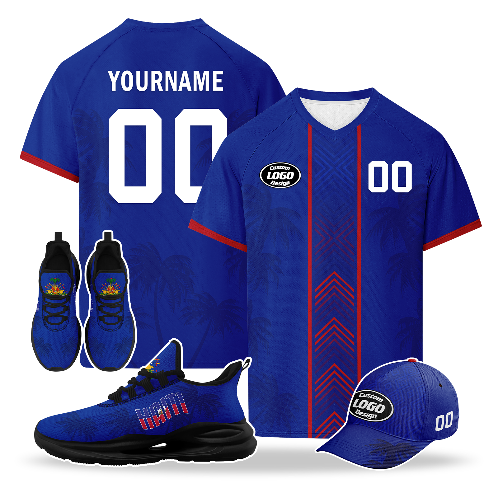 Custom Haiti 2026 World Cup High Quality Soccer Stadium Version Jersey Sneakers Sports Shoes and Hat Combo Offer Personalized Team Name and Logo ZH-F00667-5