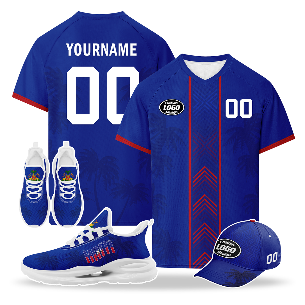 Custom Haiti 2026 World Cup High Quality Soccer Stadium Version Jersey Sneakers Sports Shoes and Hat Combo Offer Personalized Team Name and Logo ZH-F00667-5
