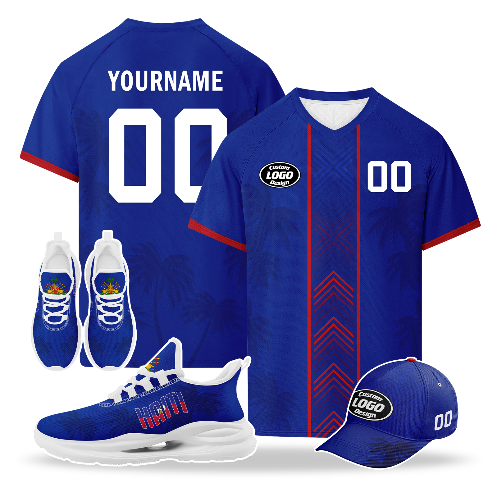 Custom Haiti 2026 World Cup High Quality Soccer Stadium Version Jersey Sneakers Sports Shoes and Hat Combo Offer Personalized Team Name and Logo ZH-F00667-5